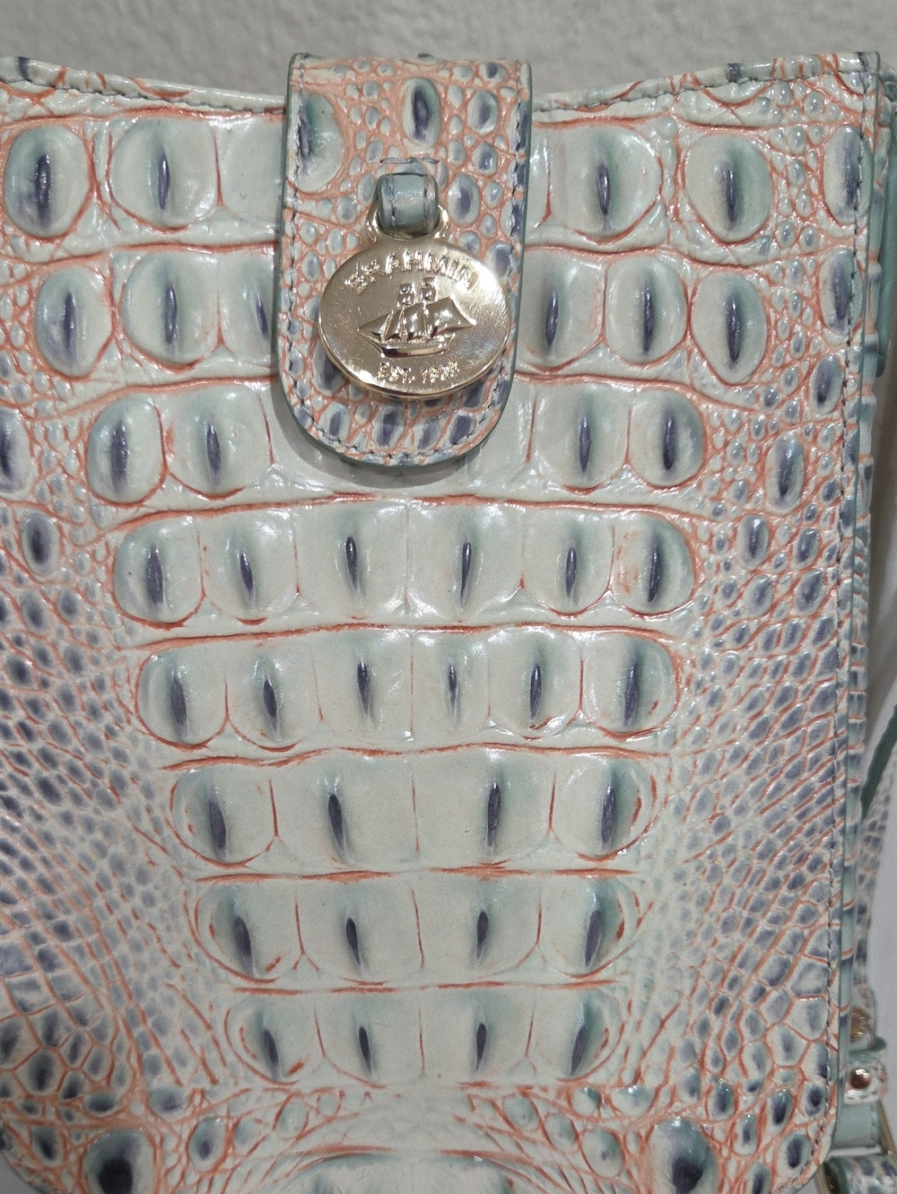 Brahmin Marley Teal and Peach Croc-Embossed Crossbody Like New